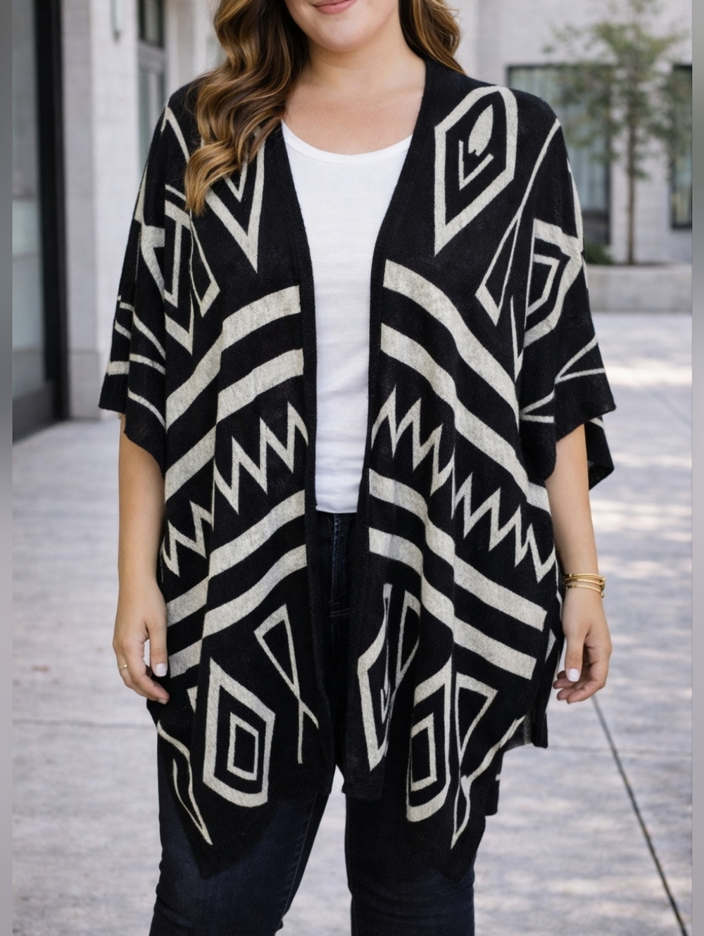 Color Swatch Black/White Geometric Design Shrug, One Size Fits Most